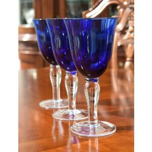 Cristal D'Arques Cobalt Blue Wine Glasses Set of 3 Clear Stem France - 7.5"